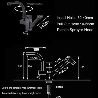 Matte black decorbites dual spout kitchen faucet with 360-degree rotating pull-out spray head mixer in black matte finish