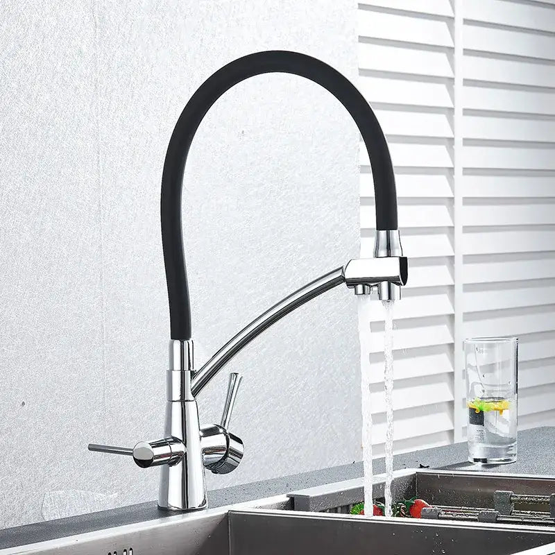 Matte black decorbites dual spout kitchen faucet with chrome finish flexible hose and dual handles for water purification