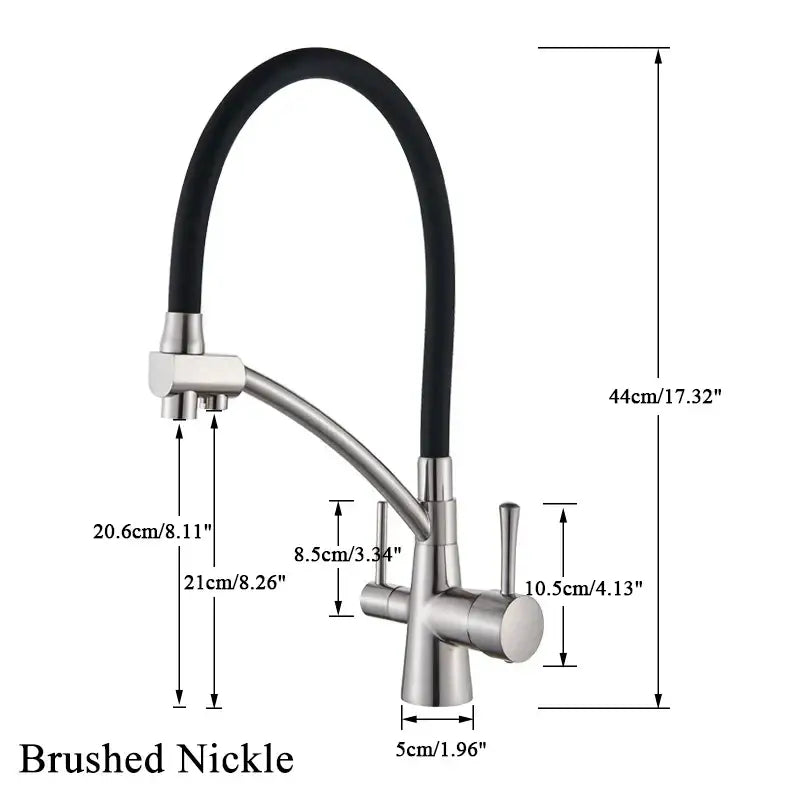 Matte black decorbites dual spout kitchen faucet with brushed nickel finish, black flexible hose, and dual handles for water purification