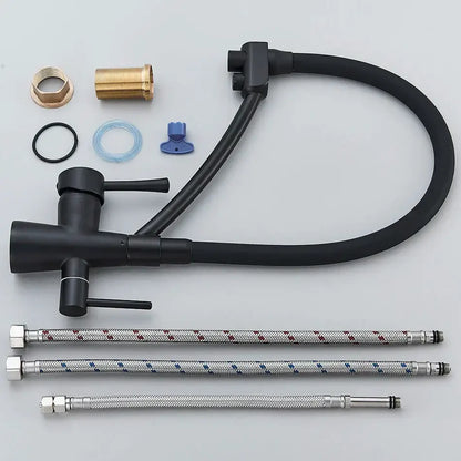 Matte black decorbites dual spout kitchen faucet with curved gooseneck spout and flexible silver braided hoses