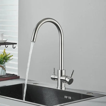 Matte black dual spout kitchen water filter faucet with sleek curved stainless steel spout and 360 rotation feature