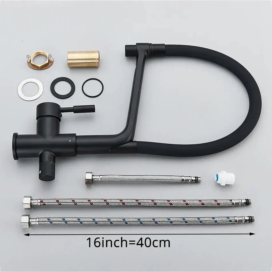 Matte black dual spout kitchen water filter faucet with curved spout pull-out hose and included mounting hardware