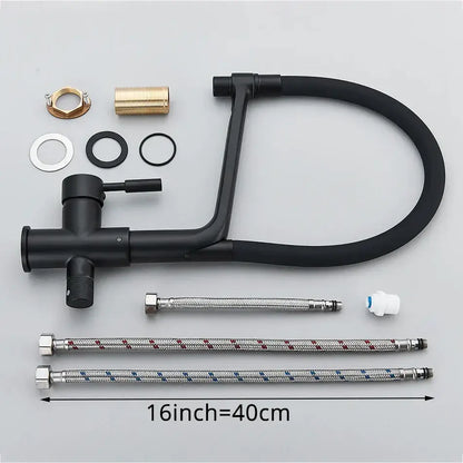 Matte black dual spout kitchen water filter faucet with curved spout pull-out hose and included mounting hardware