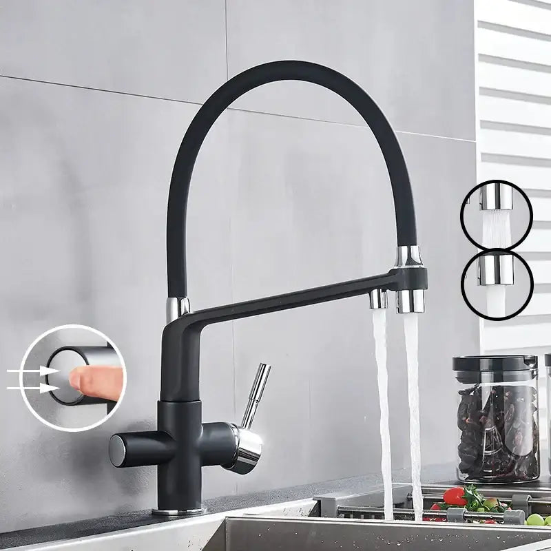 Matte black dual spout kitchen water filter faucet with flexible gooseneck spout and chrome accents 360 rotation