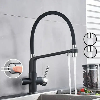 Matte black dual spout kitchen water filter faucet with flexible gooseneck spout and chrome accents 360 rotation
