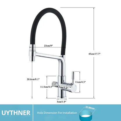Chrome finished kitchen faucet with black flexible hose single lever handle for matte black dual spout kitchen water filter use