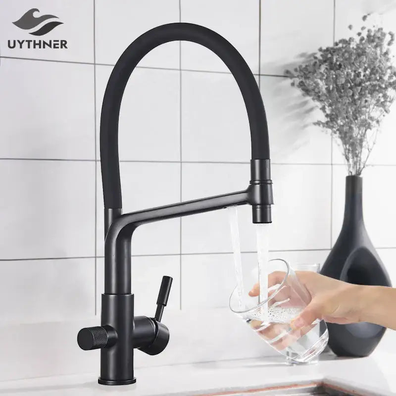 Matte black dual spout kitchen water filter faucet with curved spout and single handle control 360 rotation