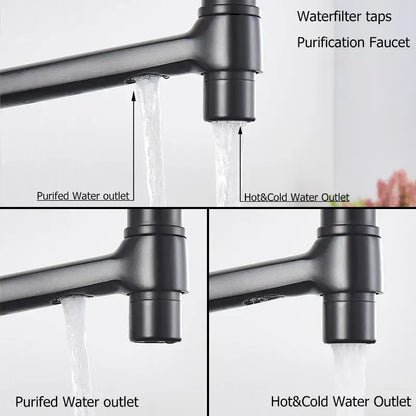 Matte black dual spout kitchen faucet with 360 rotation for purified and hot cold kitchen water filter use