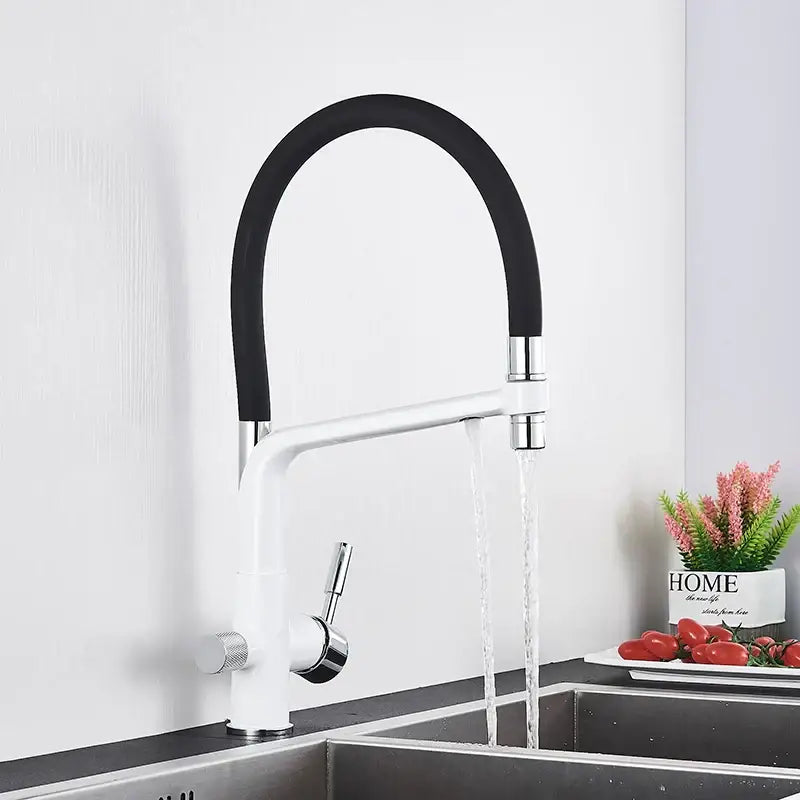 Matte black dual spout kitchen water filter faucet with 360 rotation featuring a white faucet with black flexible hose and chrome accents