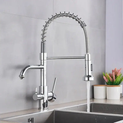 Matte black dual spout kitchen water filter faucet with chrome gooseneck pull-down spray head and dual handles