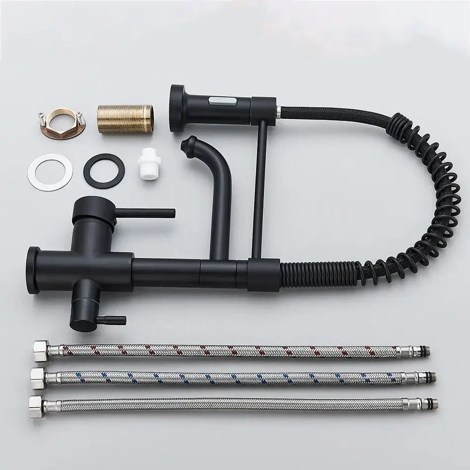 Matte black dual spout kitchen water filter faucet with gooseneck and pull-down spray head with mounting hardware