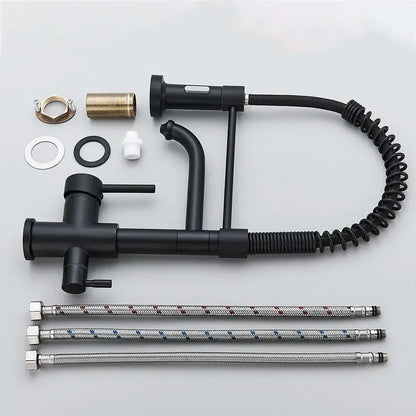 Matte black dual spout kitchen water filter faucet with gooseneck and pull-down spray head with mounting hardware