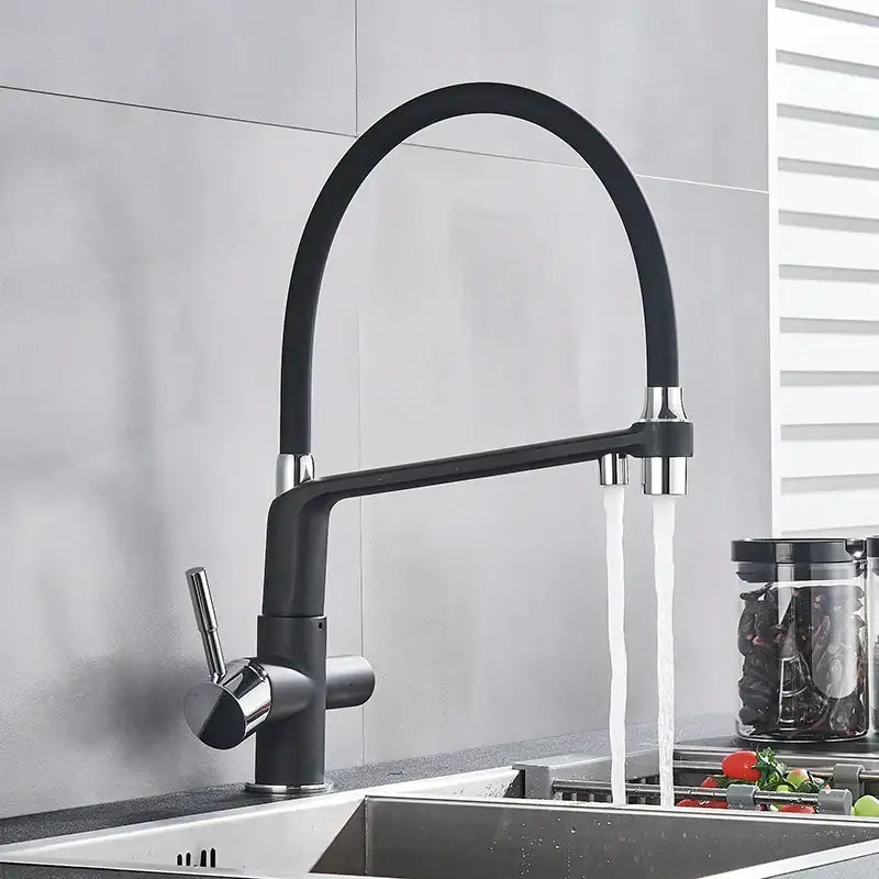 Matte black dual spout water filter faucet with flexible gooseneck spout and chrome accents for kitchen use
