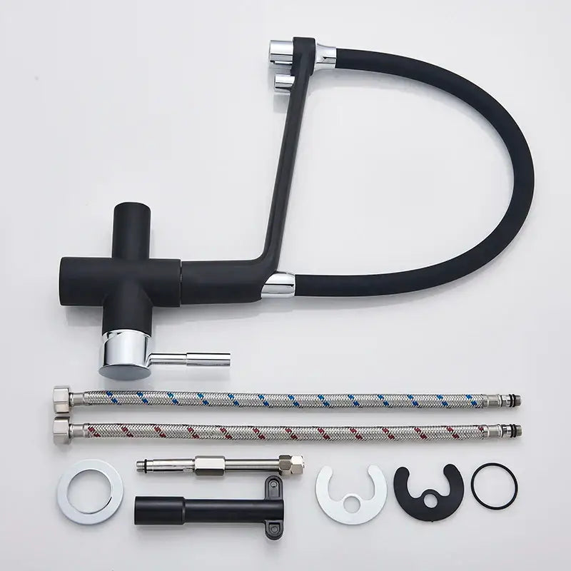 Matte black dual spout water filter faucet with chrome accents and flexible hose for kitchen mixer tap use