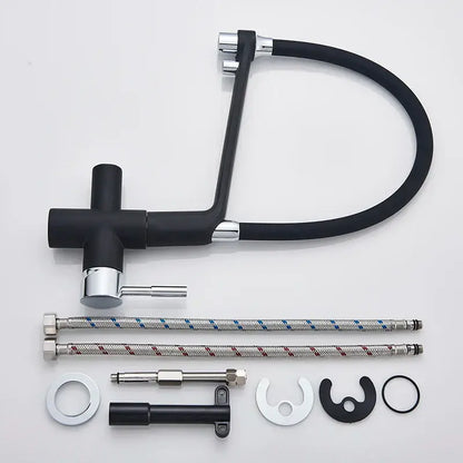 Matte black dual spout water filter faucet with chrome accents and flexible hose for kitchen mixer tap use