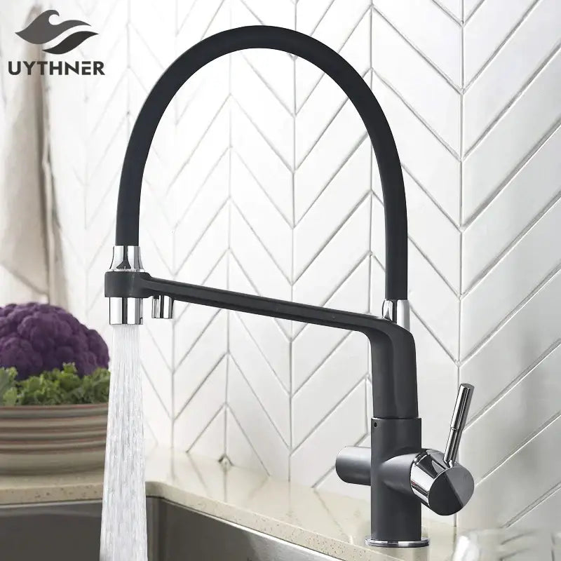 Matte black dual spout water filter faucet with a sleek curved spout and chrome accents for kitchen use