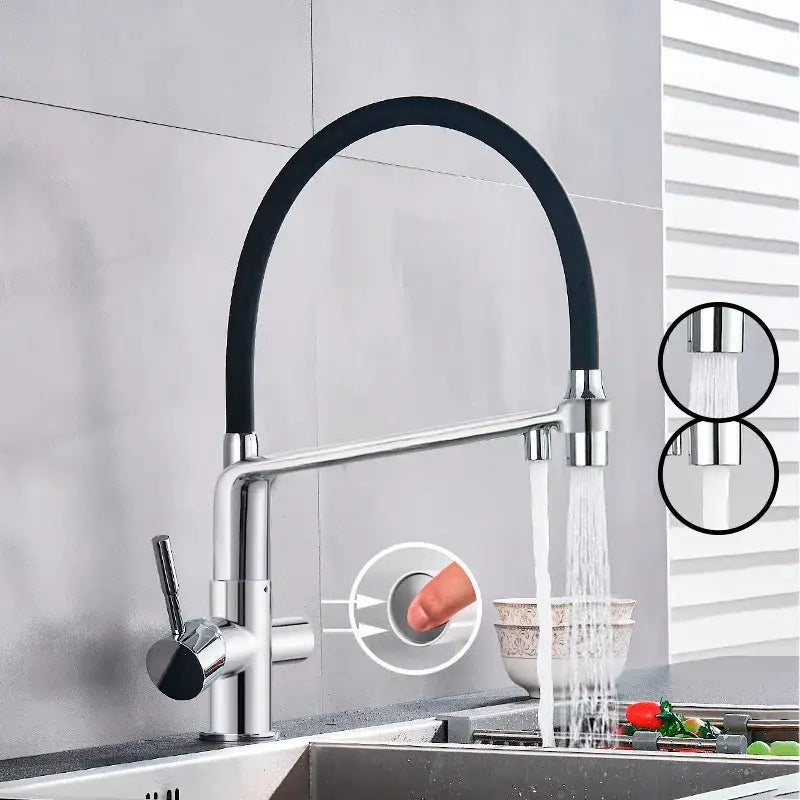 Matte black dual spout water filter faucet with modern chrome finish and flexible pull-down spray head for kitchen use