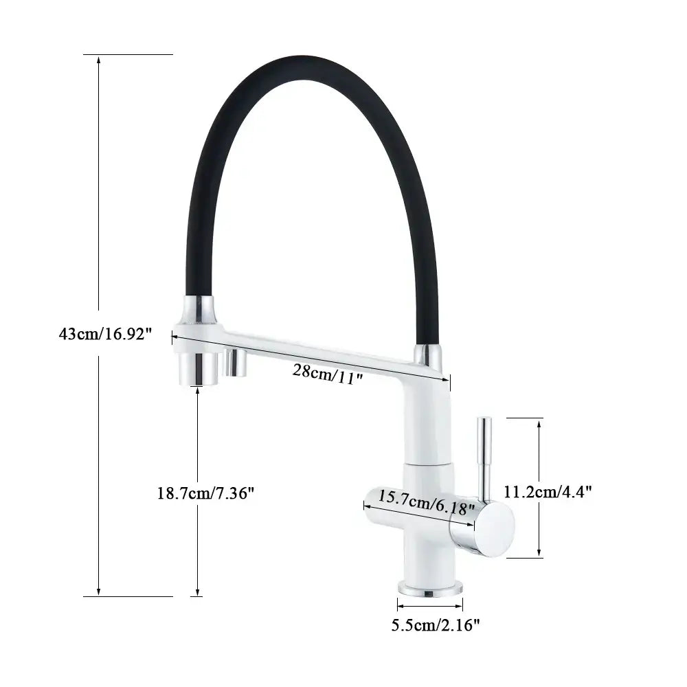 Matte black dual spout water filter faucet with modern white and chrome kitchen mixer tap and flexible black hose