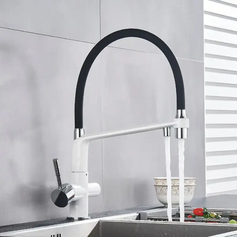 Modern matte black dual spout water filter faucet with sleek white base and chrome accents for kitchen use