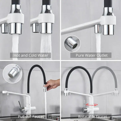 Matte black dual spout water filter faucet with white chrome pull-out flexible hose and rotatable hot and cold controls