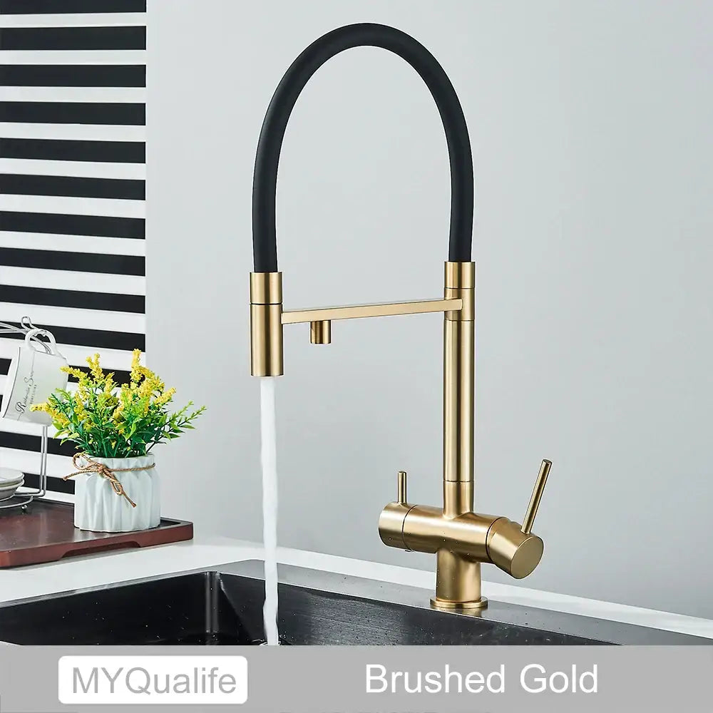 Matte black filtered kitchen faucet with brushed gold dual handles and black flexible hose for decorbites black filtered use