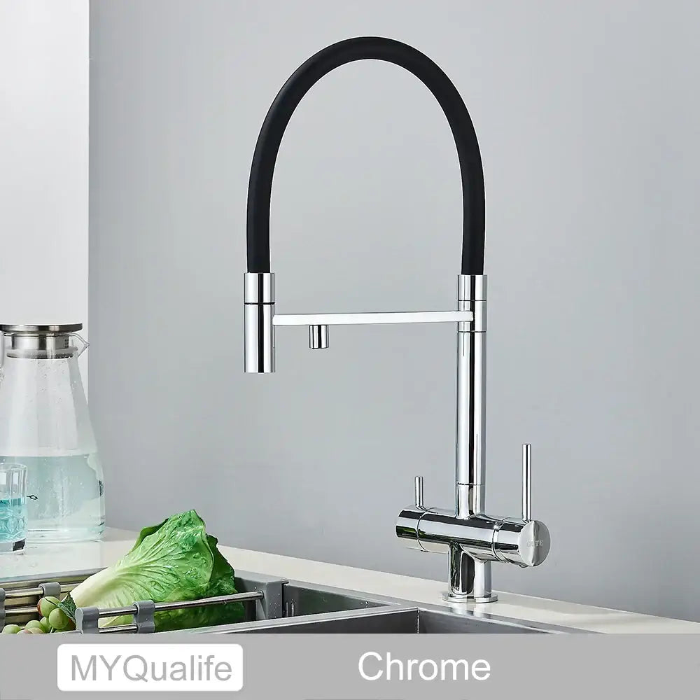 Chrome finished decorbites black filtered kitchen faucet with sleek arched spout and black flexible hose pull down design