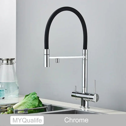 Chrome finished decorbites black filtered kitchen faucet with sleek arched spout and black flexible hose pull down design