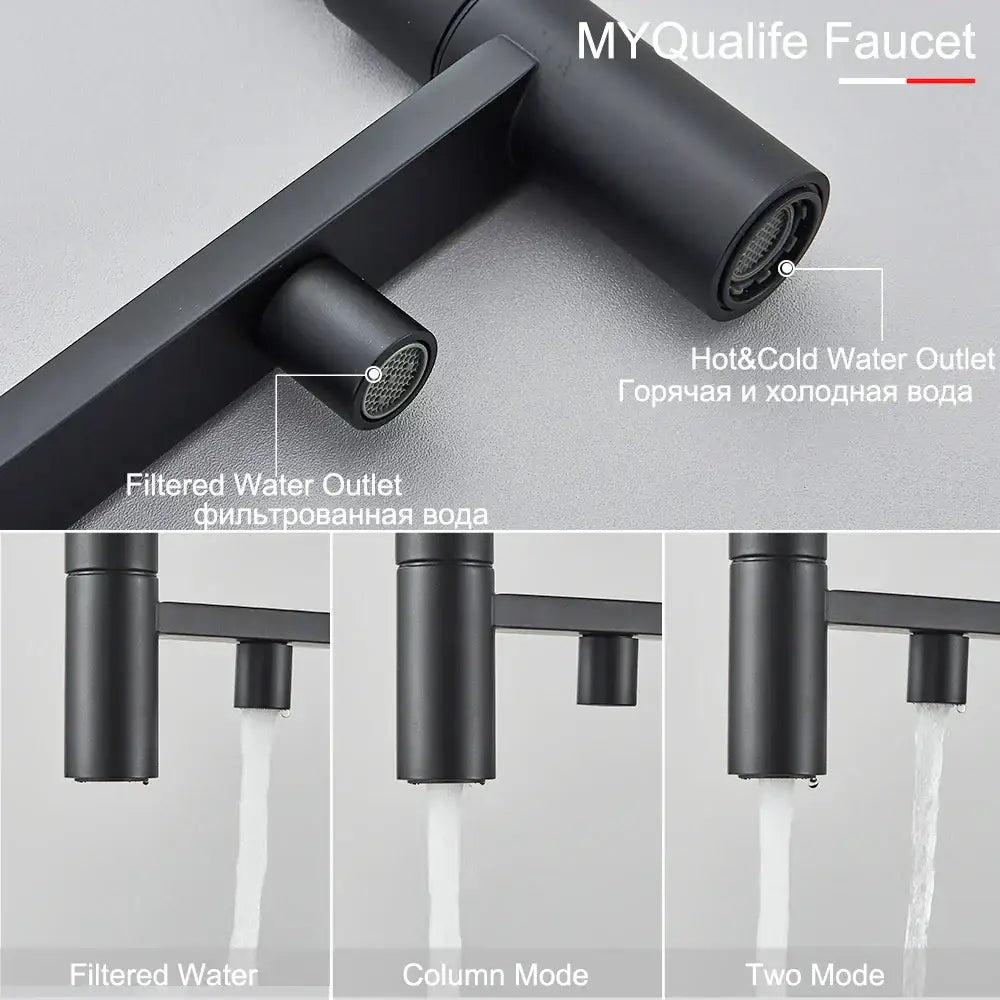 Matte black filtered kitchen faucet with pull down spout and separate hot and cold outlets by decorbites black filtered