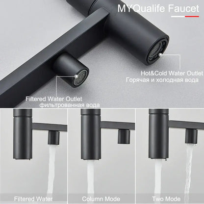 Matte black filtered kitchen faucet with pull down spout and separate hot and cold outlets by decorbites black filtered