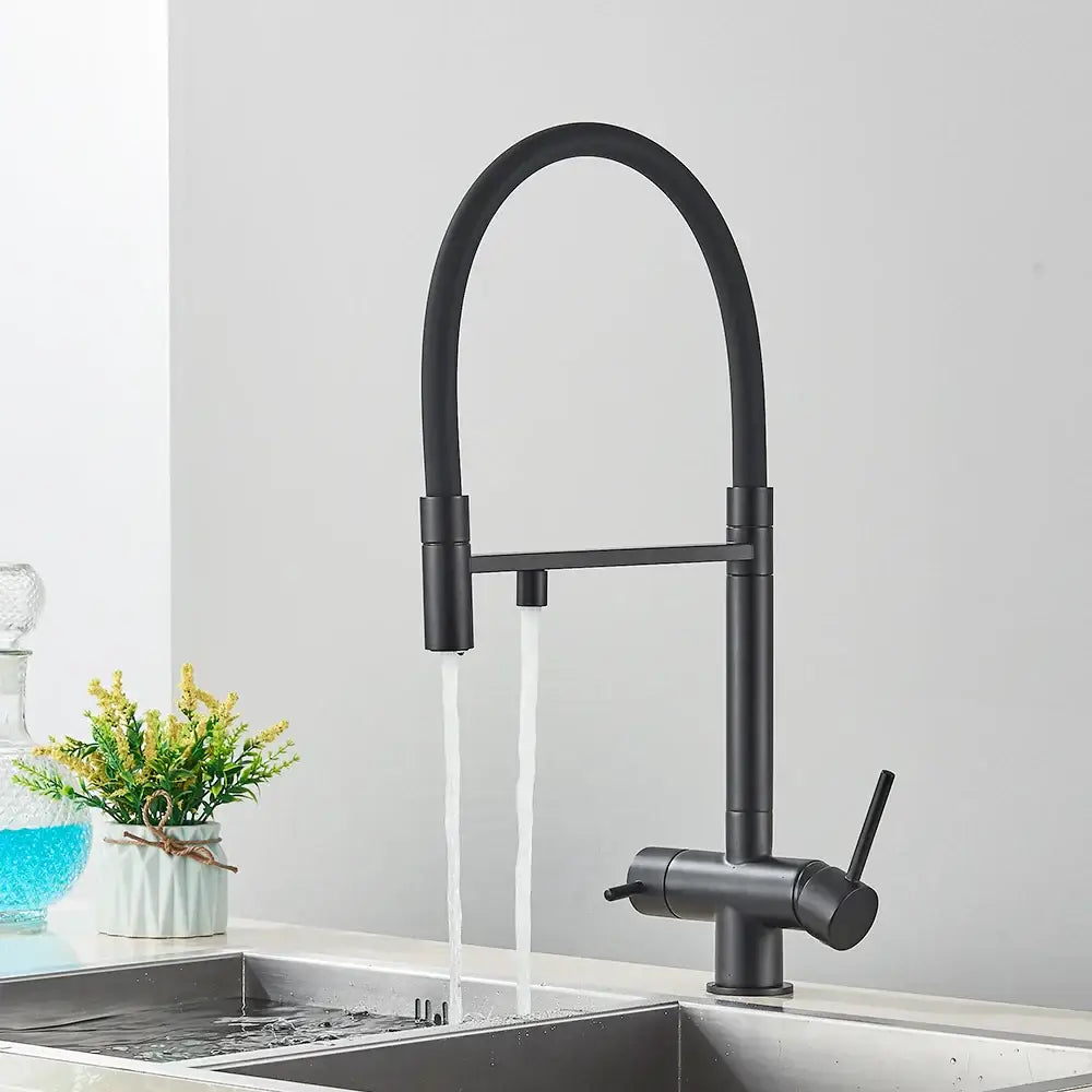 Matte black filtered kitchen faucet with pull down spout and curved design for decorbites black filtered kitchen use