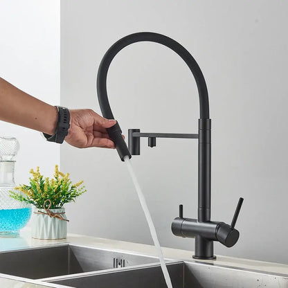 Matte black filtered kitchen faucet with pull down spout and flexible gooseneck designed by decorbites black filtered