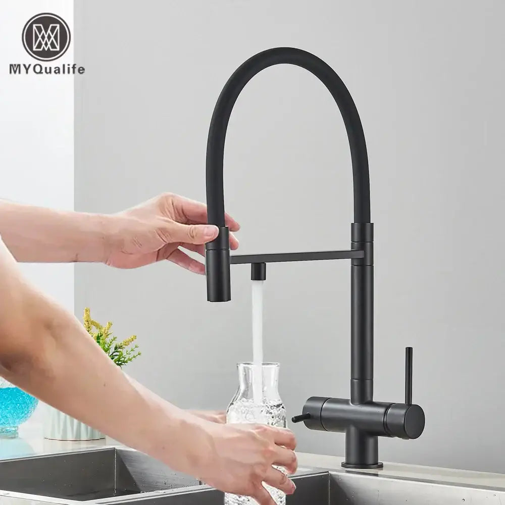 Matte black filtered kitchen faucet with pull down curved spout in black matte finish for decorbites black filtered kitchen use