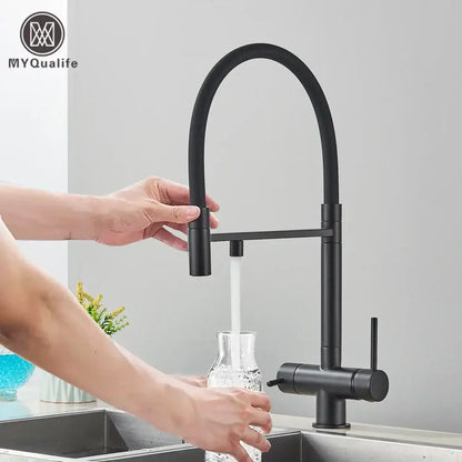 Matte black filtered kitchen faucet with pull down curved spout in black matte finish for decorbites black filtered kitchen use