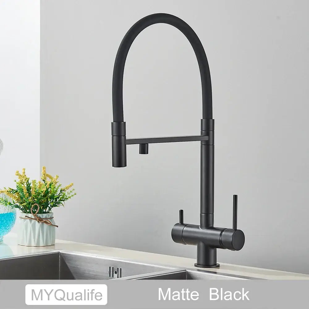 Matte black filtered kitchen faucet with pull down spout, curved gooseneck, and dual handles for decorbites black filtered use