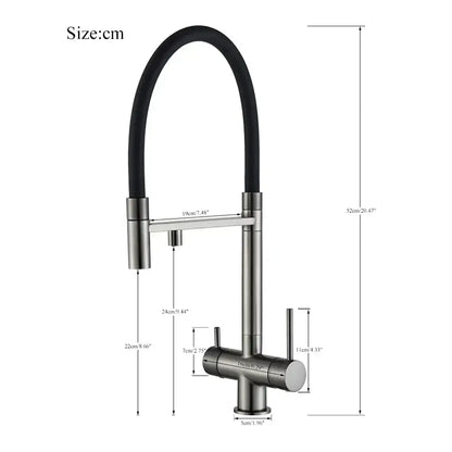 Matte black filtered kitchen faucet with brushed stainless steel finish, flexible black rubber hose, and pull down spout decorbites black filtered