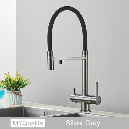 Silver gray stainless steel decorbites black filtered kitchen faucet with flexible black rubber hose and dual handles