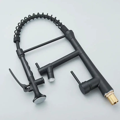 Matte black flexible led kitchen faucet with dual spout mixer featuring a coiled hose and dual handles for precise control
