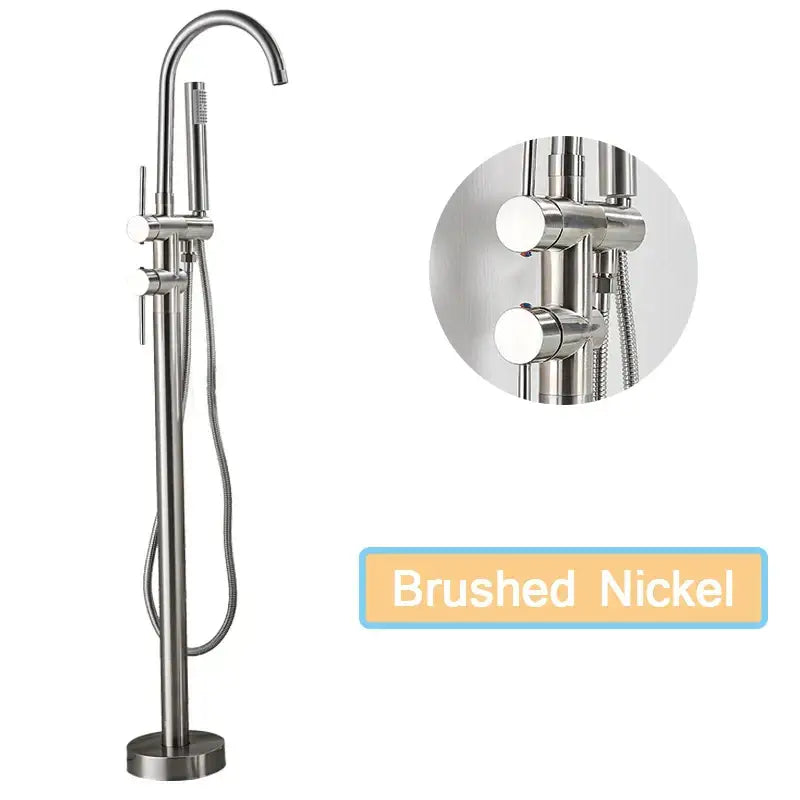 Matte black floor standing bathtub faucet with led swivel spout and brushed nickel curved handheld showerhead decorbites black floor