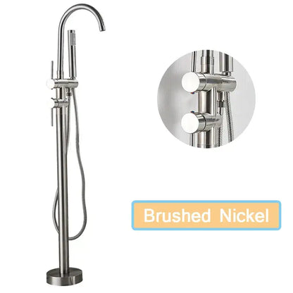Matte black floor standing bathtub faucet with led swivel spout and brushed nickel curved handheld showerhead decorbites black floor