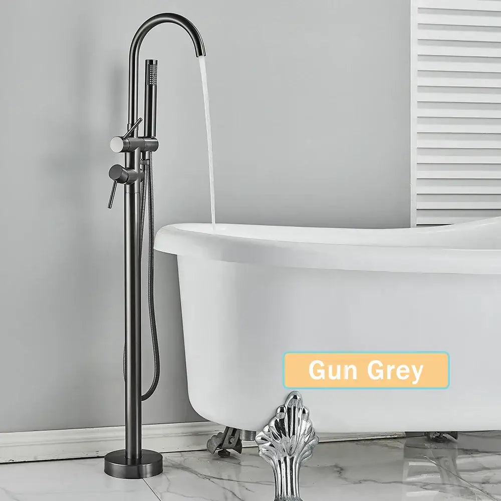 Matte black floor standing bathtub faucet with led swivel spout featuring gun grey freestanding faucet and handheld showerhead