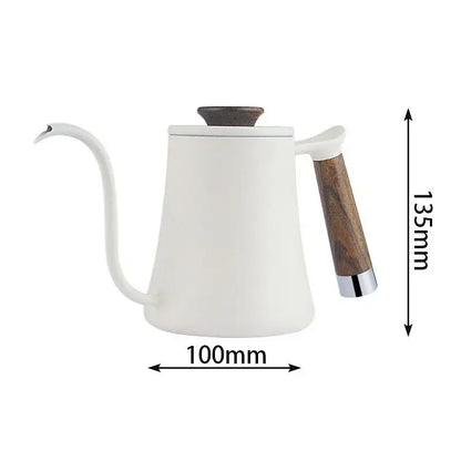 Matte black decorbites gooseneck pour kettle with wood handle and white enamel coffee pourer with wooden lid