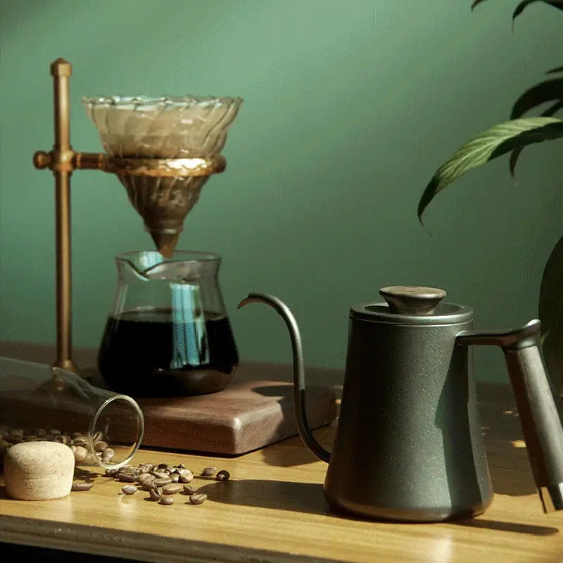 Matte black ceramic decorbites gooseneck pour over kettle with curved spout and wood handle kitchen accessory