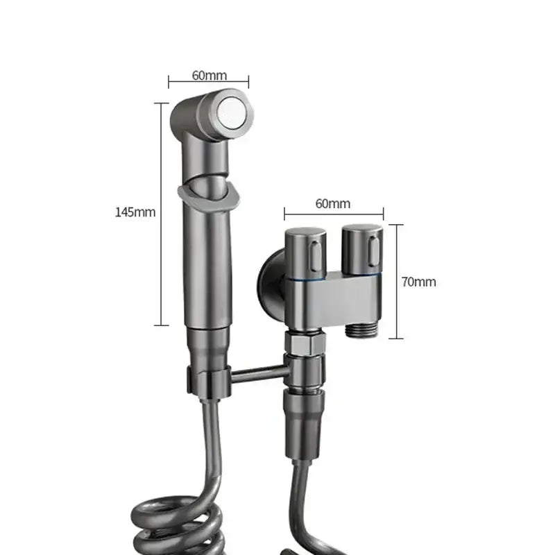 Matte black hygienic bidet sprayer with coiled hose and dual-control valve assembly for bathroom use by decorbites