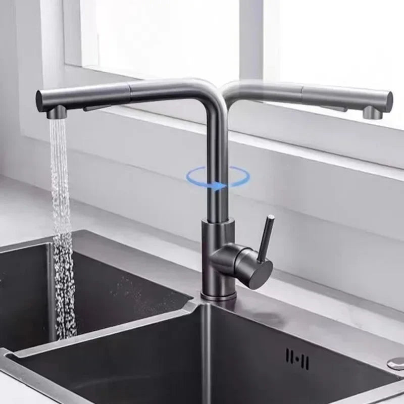 Modern matte black deck mounted kitchen faucet with single hole installation, pull-down spray, and 360 rotation