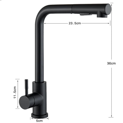 Matte black deck mounted kitchen faucet with single hole installation and pull-down dual way sprayer mixer tap