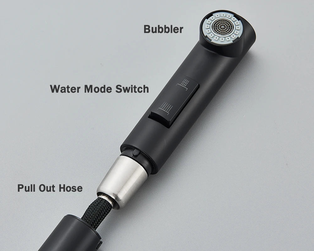 Matte black and silver deck mounted pull out kitchen faucet with textured nozzle single hole design and braided hose