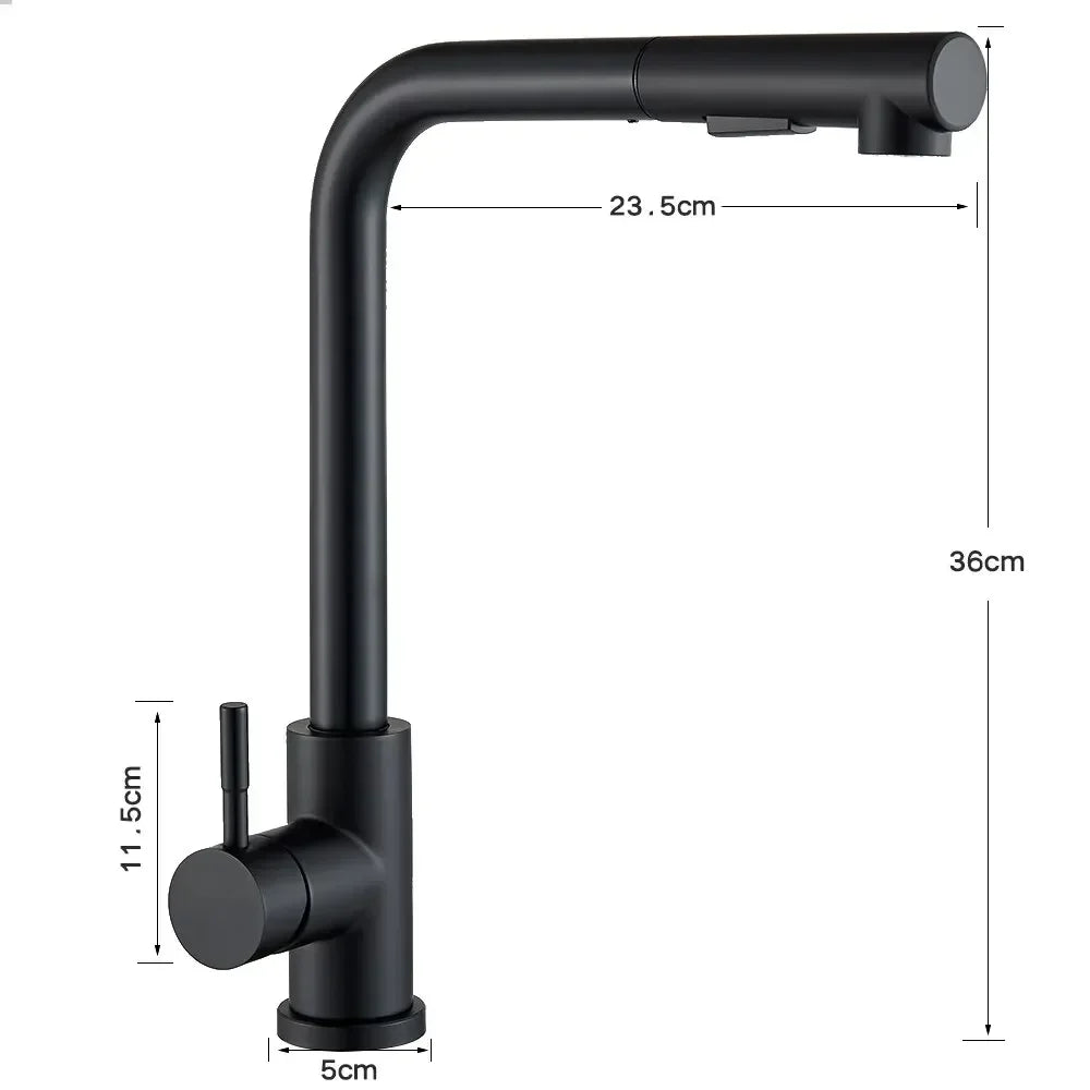 Matte black kitchen faucet deck mounted with single hole design, pull-out spray head, and 360 rotation feature
