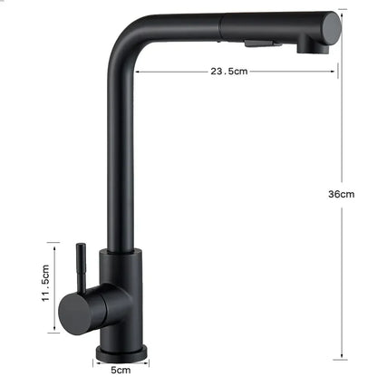Matte black kitchen faucet deck mounted with single hole design, pull-out spray head, and 360 rotation feature