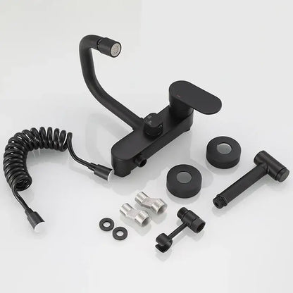 Matte black kitchen mixer tap with curved spout flexible coiled hose and separate handheld showerhead mixer tap