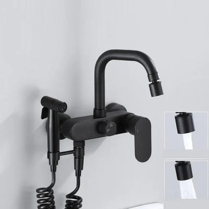 Matte black kitchen mixer tap with wall-mounted dual handles and integrated handheld showerhead in matte finish